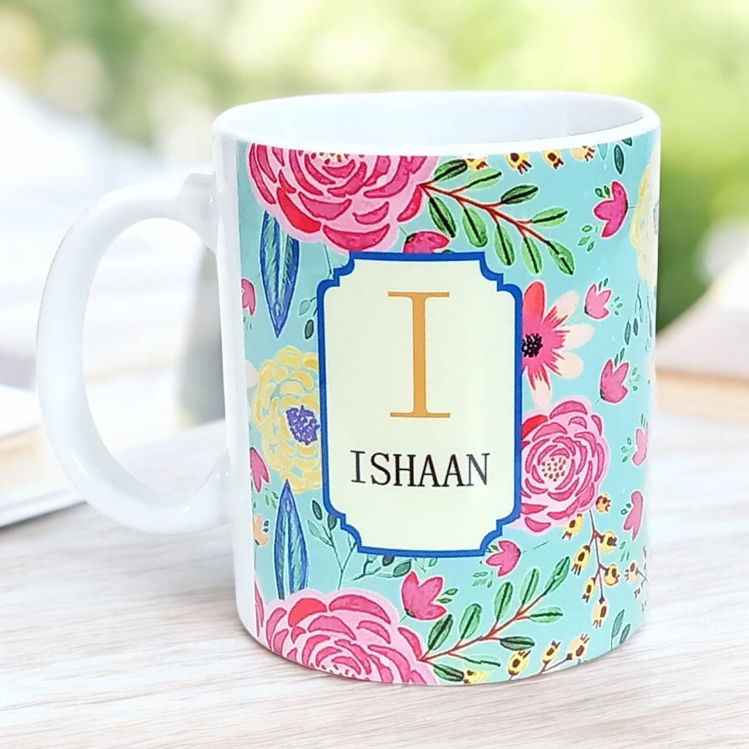 Ceramic Mug Initial China Mugs Personalised A-Z Initial Camellia