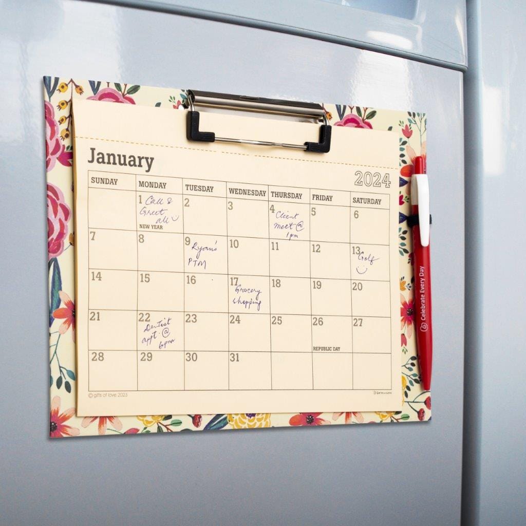 Gifts of Love 2024 Magnetic Fridge Calendar & Wall Mountable Clipboard with Pen