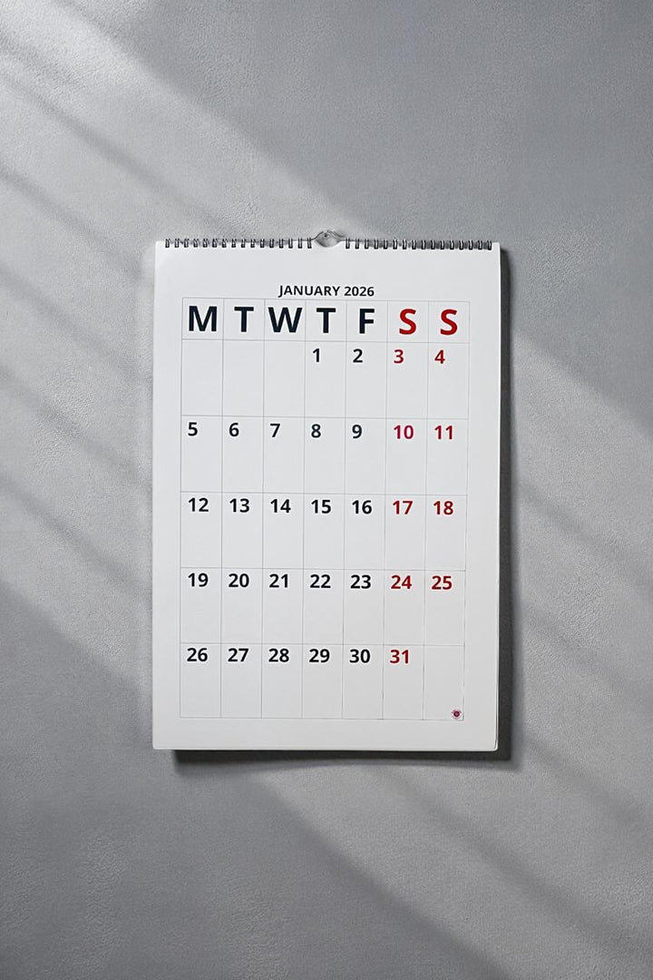 Wall calendar for January 2026 on a gray background