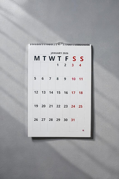 Wall calendar for January 2026 on a gray background
