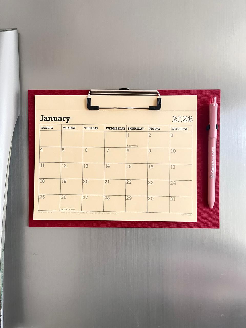 2026 Magnetic Fridge Calendar & Wall Mountable Clipboard with Pen