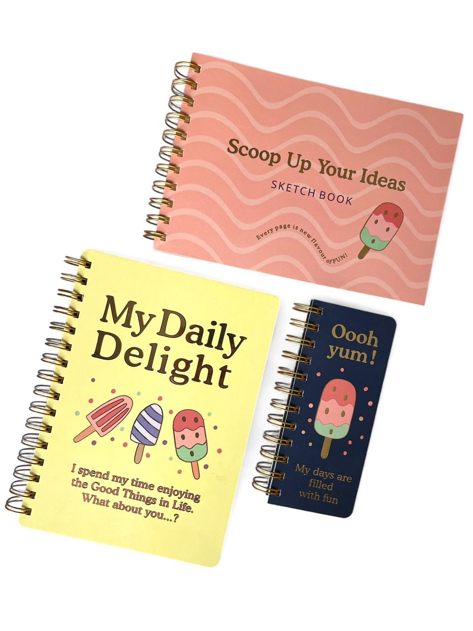     Daily Delight notebook and sketchbook collection with colourful ice cream inspired covers