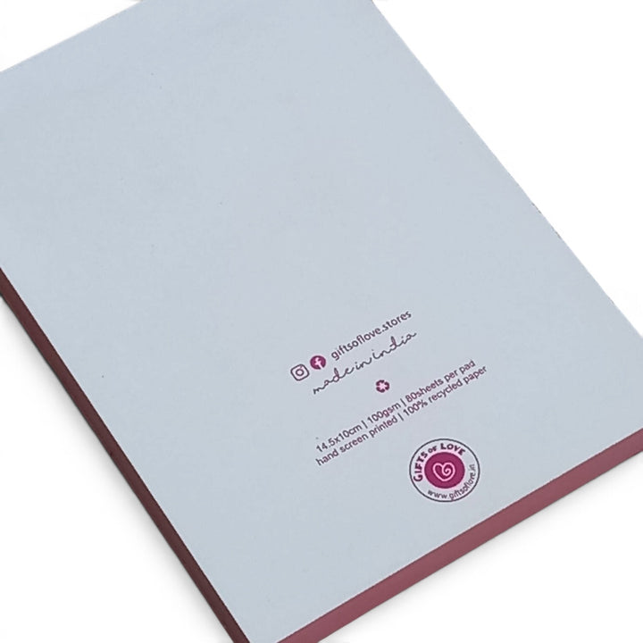Noted Notepad back cover made with 100% recycled paper and hand screen printed