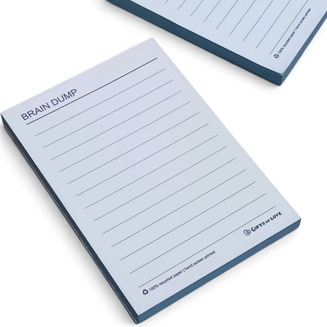 Noted Brain Dump lined notepad with blue coloured page edges
