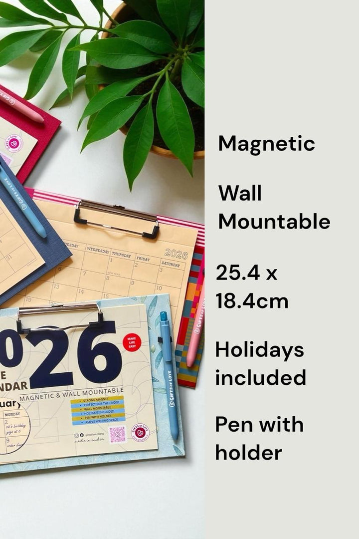 2026 Magnetic Fridge Calendar & Wall Mountable Clipboard with Pen