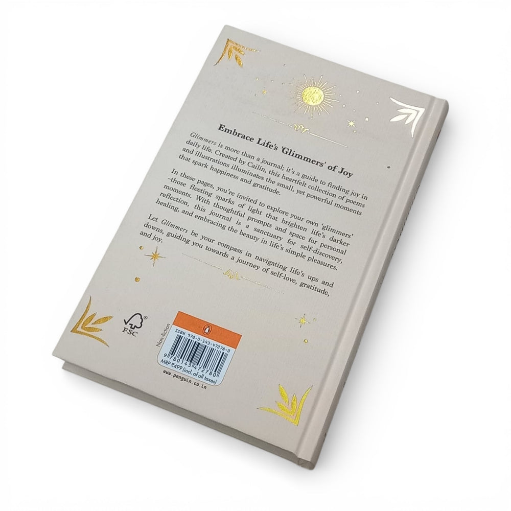 Back cover of the book titled 'Glimmers' by Calin Hargreaves on a white background at Gifts of Love. 