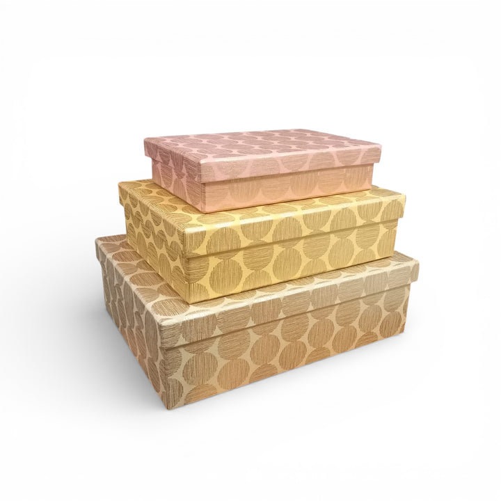 Set of 3 sustainable gift boxes made with handmade paper and board in our Hinode design on a white background by Gifts of Love. 