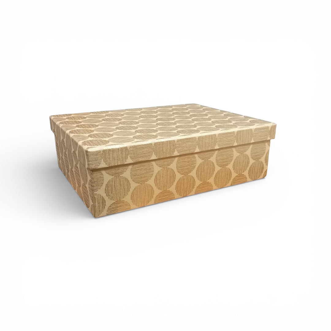 Large size rectangular gift box silk screen printed in gold made with handmade paper and board on a white background.