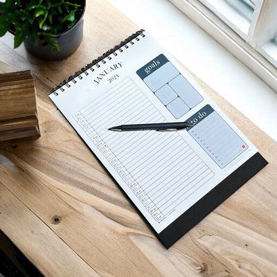 2024 Desk Calendar with pen and wooden stand | 100% Recycled Paper