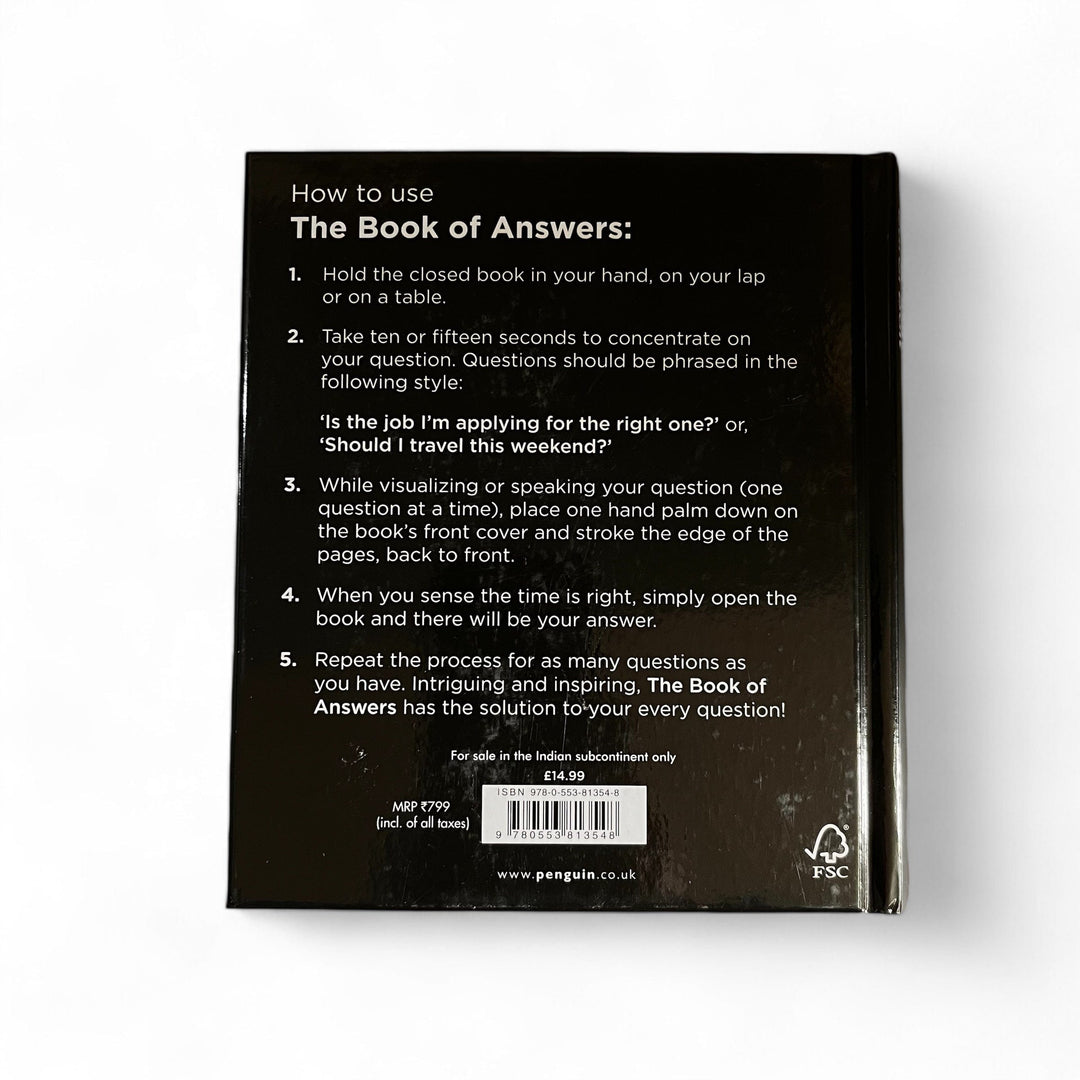The Book of Answers back cover on a white background 