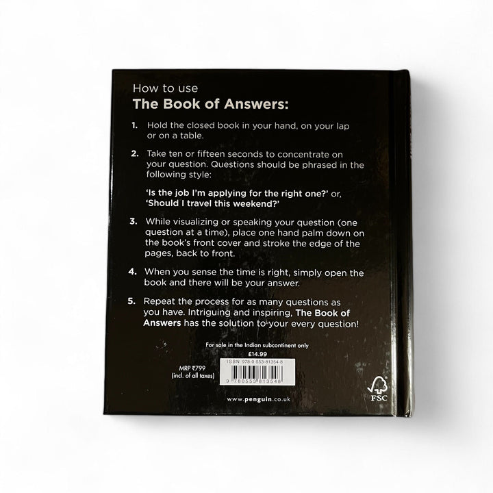The Book of Answers back cover on a white background 