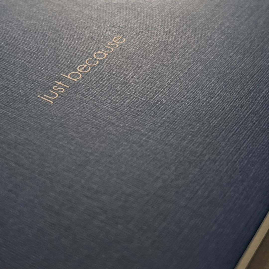 Textured paper with ‘just because’ screen printed on the cover. 