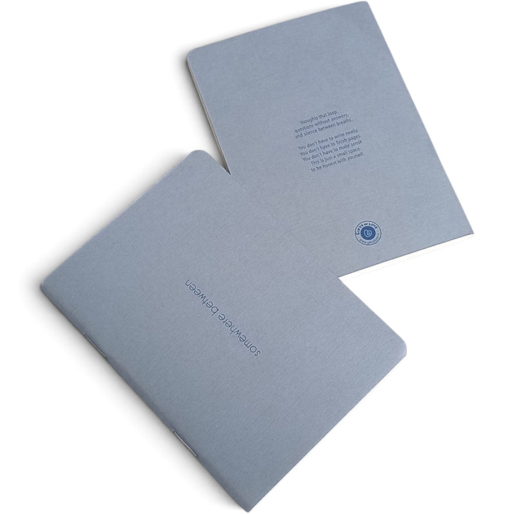 Somewhere Between – front &amp; back Somewhere Between A6 blank notebook with blue grey screen printed cover