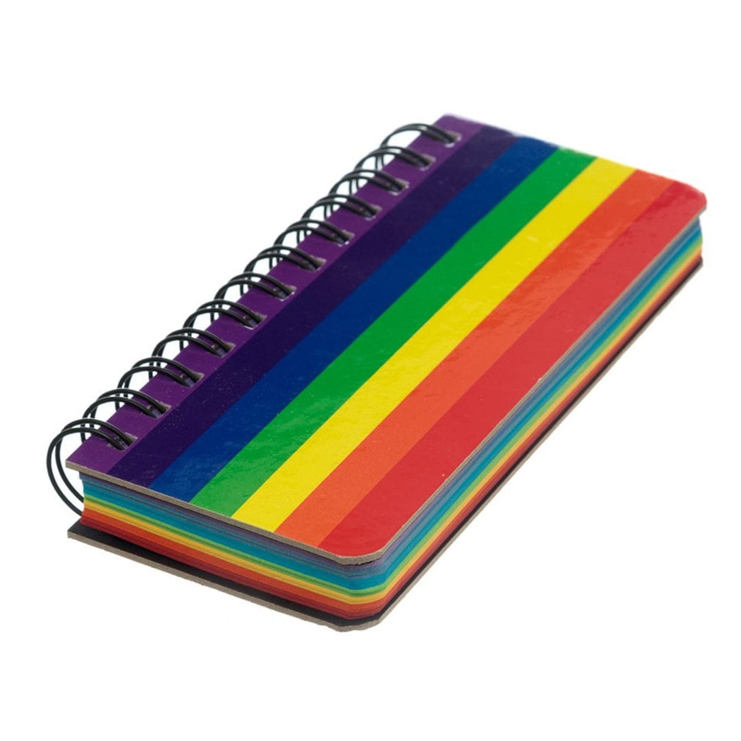 A colorful rainbow-striped cover notebook with a black spiral binding with rainbow-colored, environmentally friendly paper .